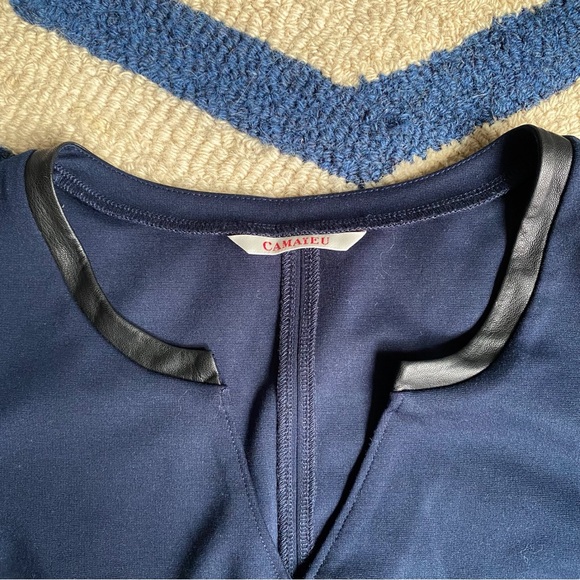 💙 CAMAIEU NAVY BLACK FAUX LEATHER TRIM CAPRI SLEEVE DRESS! - Picture 7 of 12